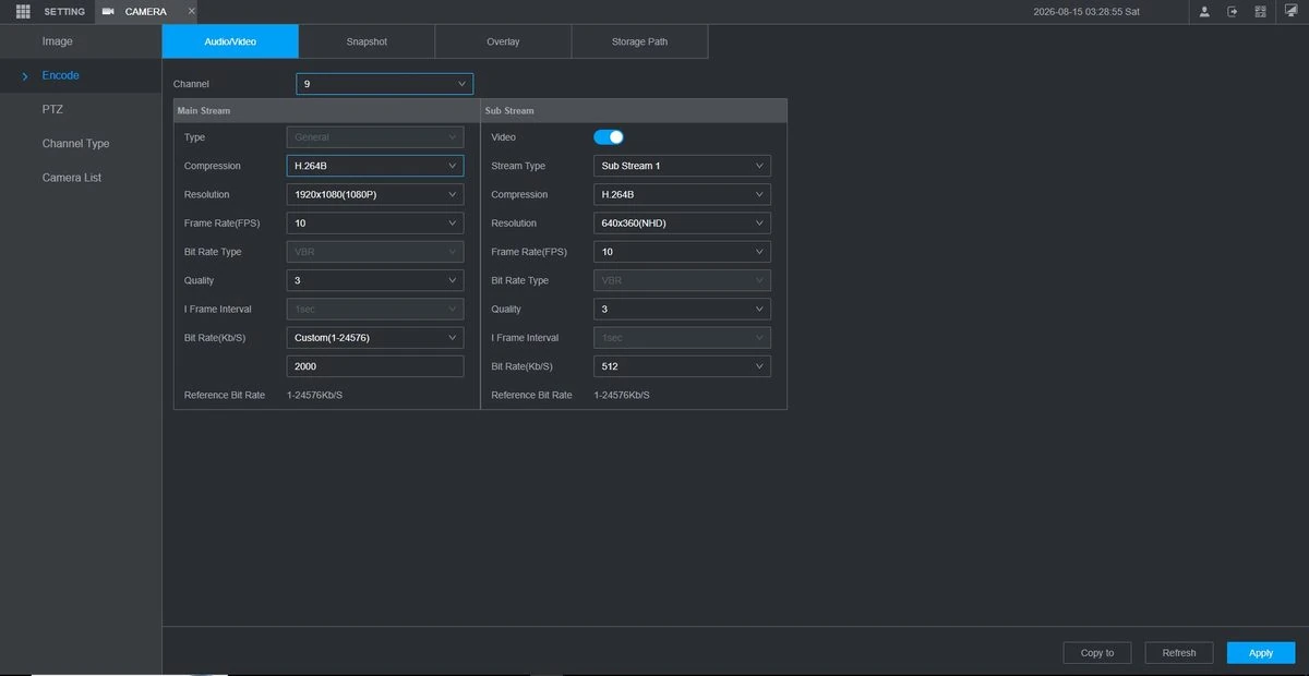 Real test: main stream 1920×1080 at 10 fps, 2000 kbps, sub stream 640×360 at 512 kbps.