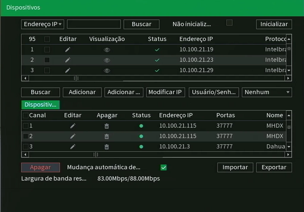 The Intelbras Dispositivos screen: Buscar (search) at the top, the added channels below.