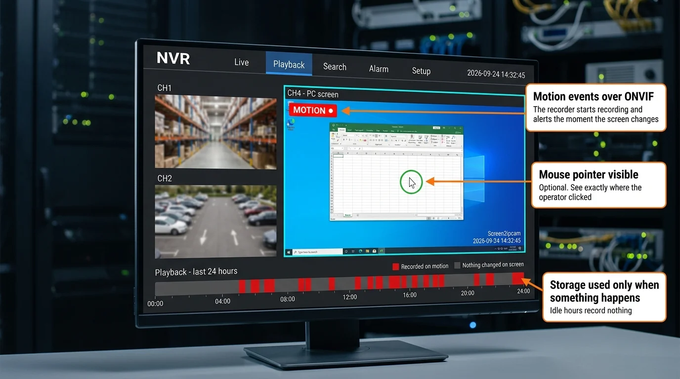 An NVR in playback mode: the PC screen channel shows a MOTION badge and a highlighted mouse pointer, and the 24-hour timeline has recording blocks only where the screen changed