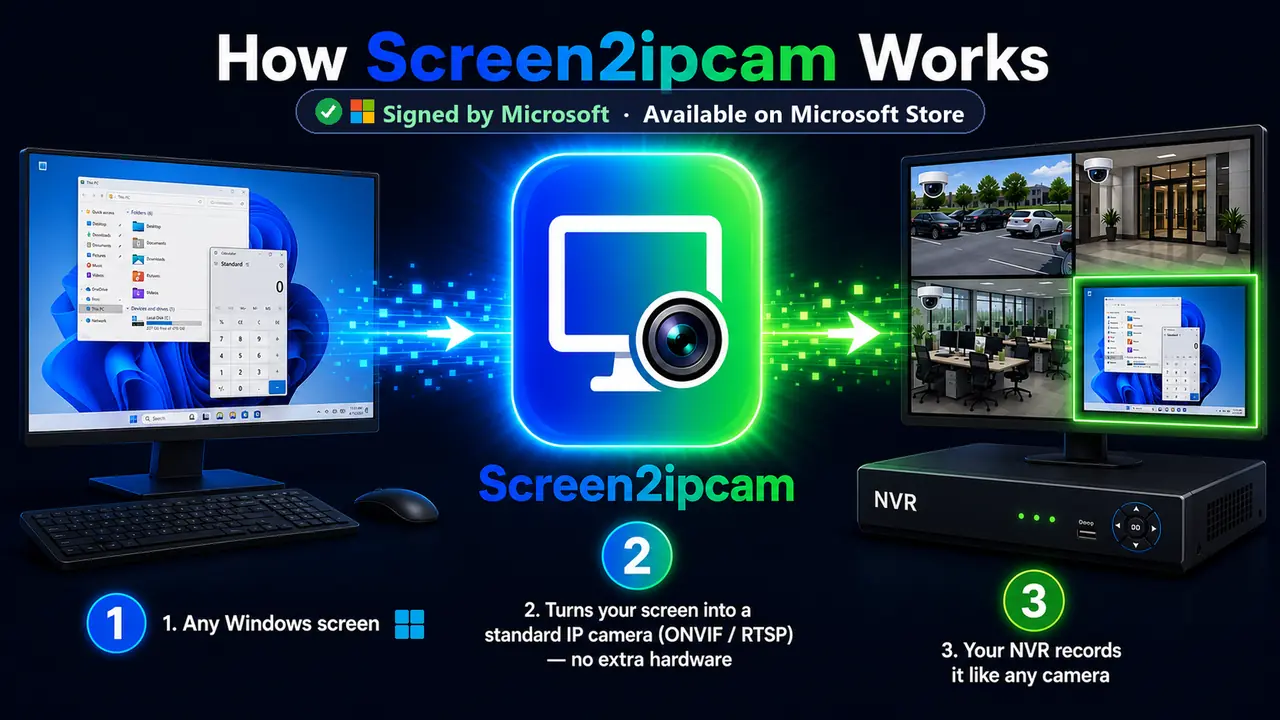 How Screen2ipcam works — any Windows PC screen becomes a standard ONVIF / RTSP IP camera recorded by your NVR or VMS, with H.264 encoding and no extra hardware