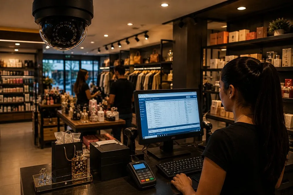Uma tela Windows gravada ao lado da câmera de segurança: Lojas e boutiques