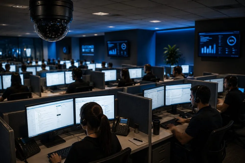 Uma tela Windows gravada ao lado da câmera de segurança: Call centers e atendimento