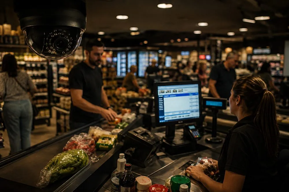 Uma tela Windows gravada ao lado da câmera de segurança: Supermercados e caixas