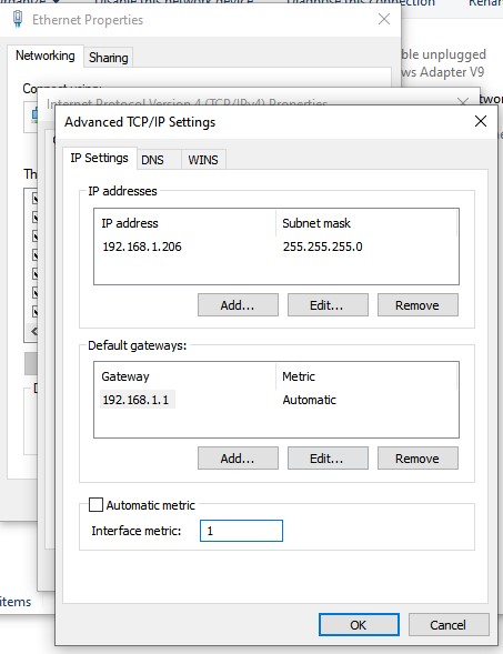 Advanced TCP/IP Settings with Automatic metric unticked and Interface metric set to 1.