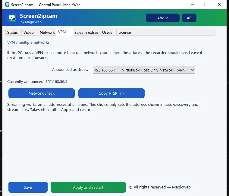 The new VPN tab inside Screen2ipcam - choose the announced address from a list
